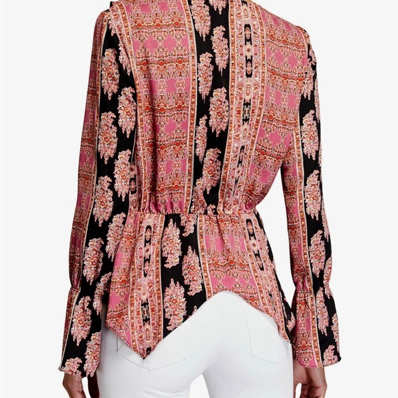 BCBGMaxAzria Women’s Size Large Surplice Asymmetrical Top Black & Pink Print - Picture 2 of 11